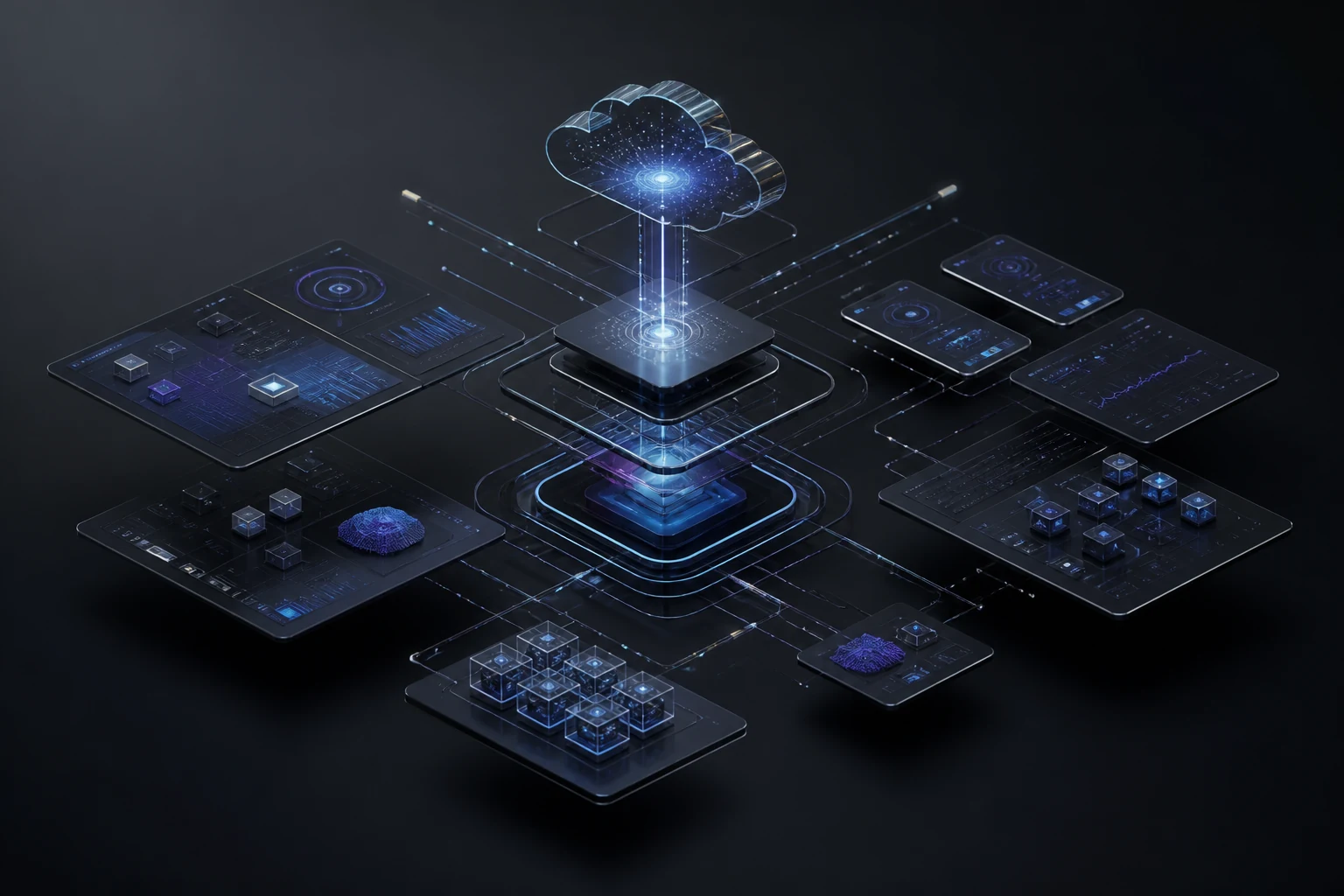 Rappresentazione astratta di un ecosistema digitale connesso tra web, mobile, cloud e dati